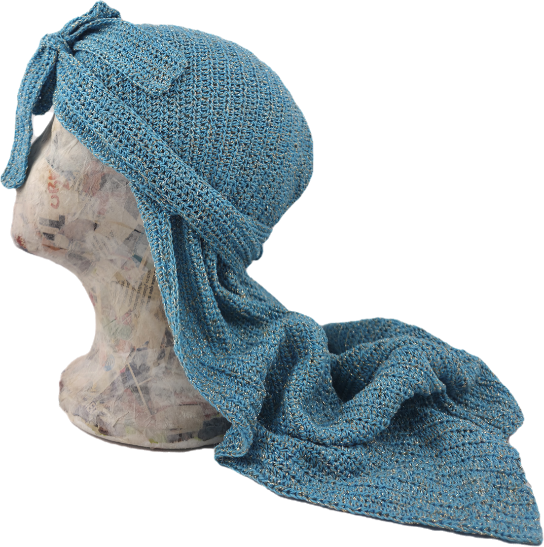 Light Blue Crochet Turban with Trailing Scarf and Sparkle