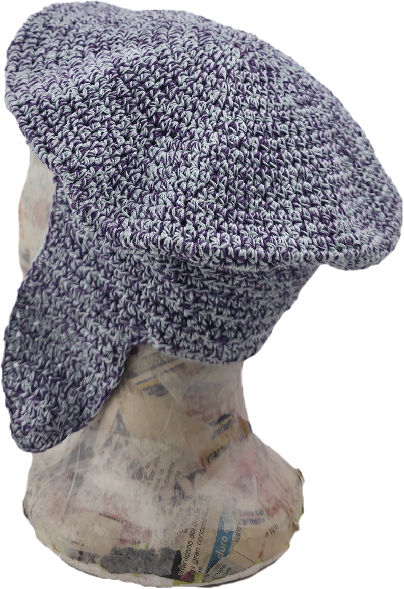 Purple & White Crochet Beret with Ear Flaps