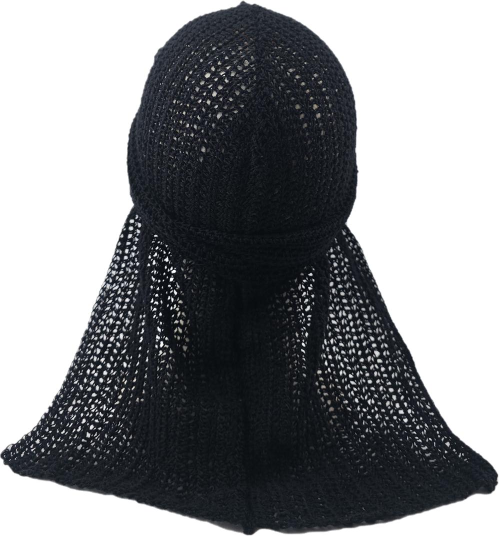 Classic Black Crochet Turban with Trailing Scarf