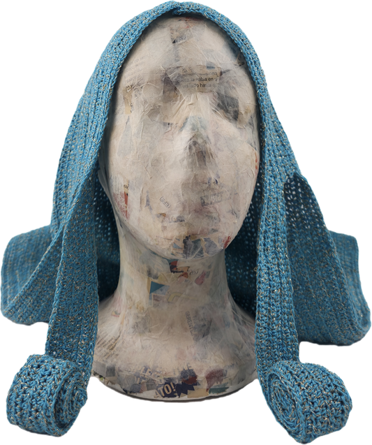 Light Blue Crochet Turban with Trailing Scarf and Sparkle