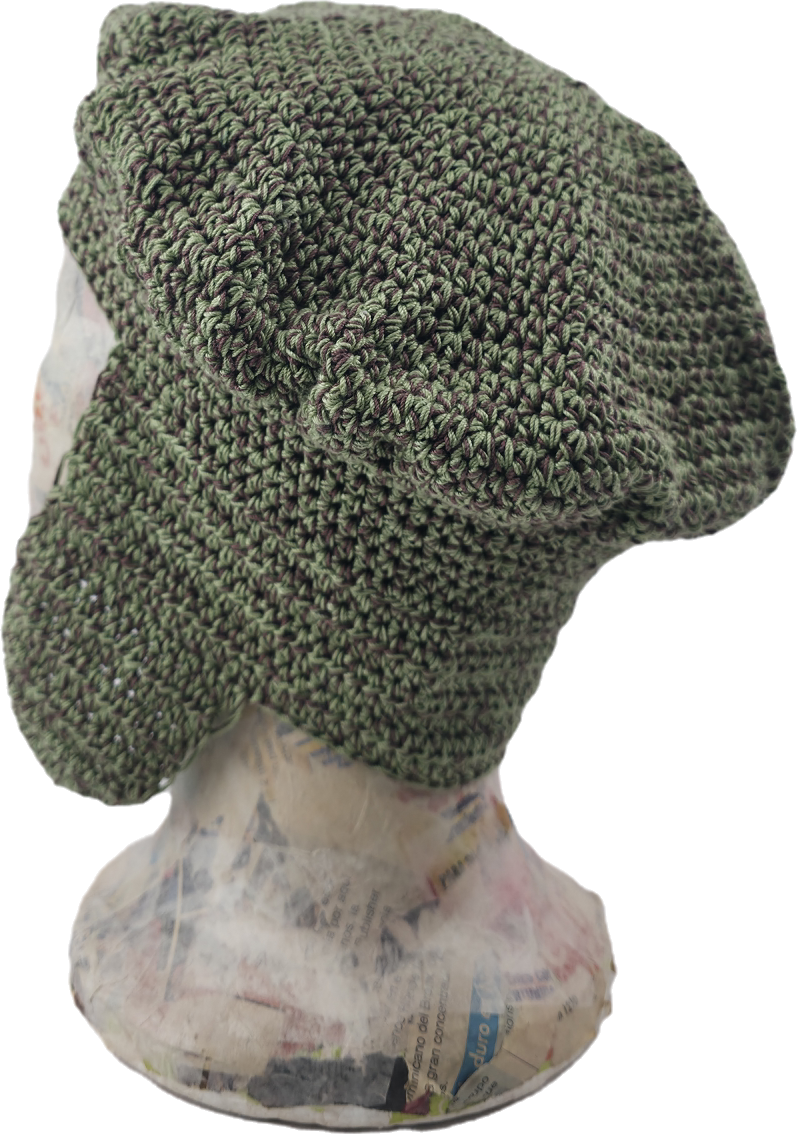 Sage Green & Brown Crochet Beret with Ear Flaps