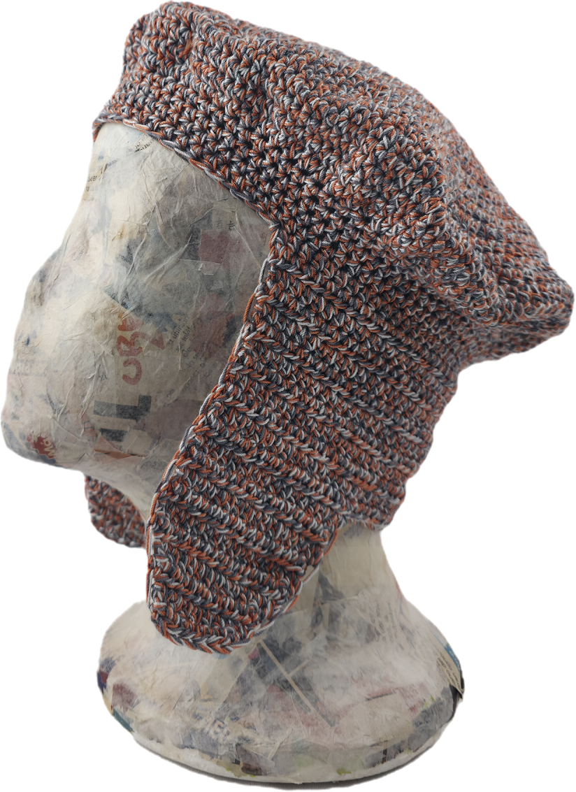 Terracotta & Gray Crochet Beret with Ear Flaps