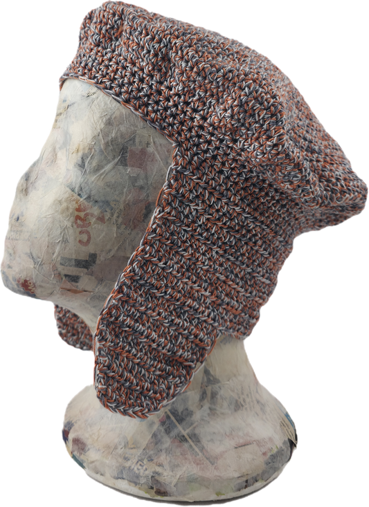 Terracotta & Gray Crochet Beret with Ear Flaps