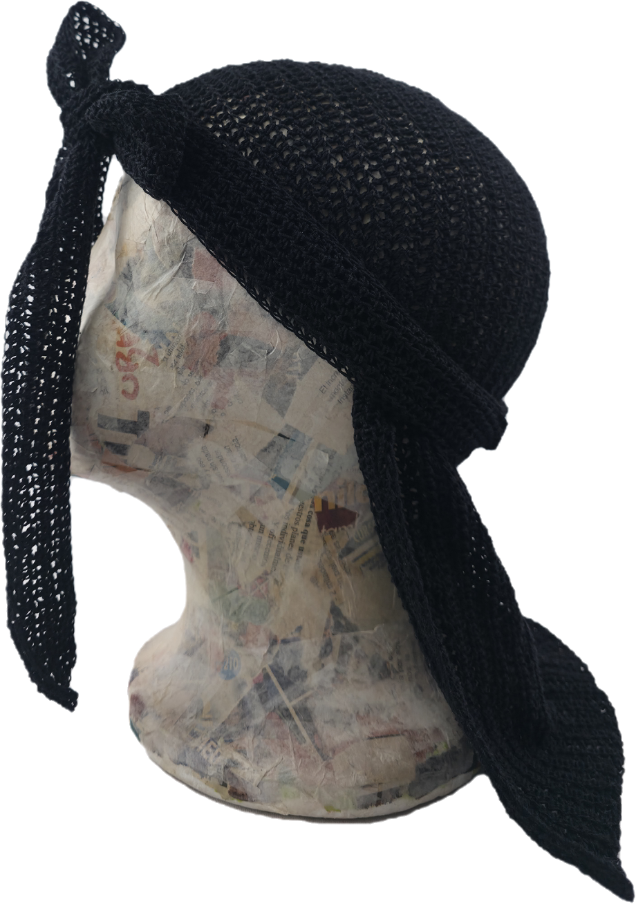 Classic Black Crochet Turban with Trailing Scarf