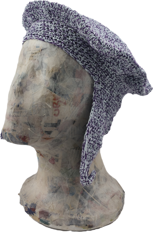 Purple & White Crochet Beret with Ear Flaps