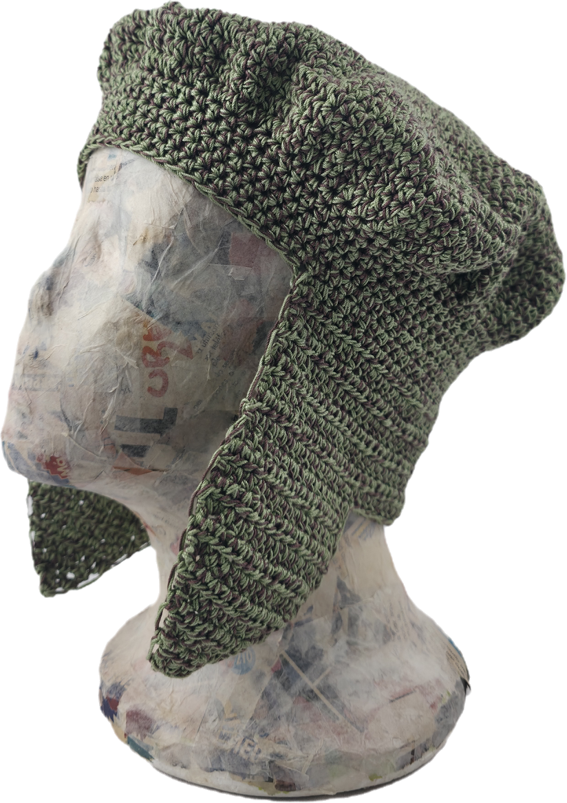 Sage Green & Brown Crochet Beret with Ear Flaps