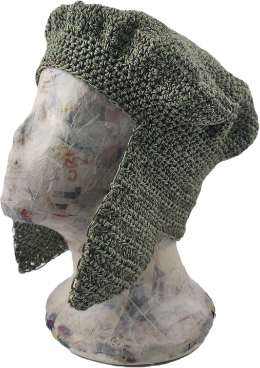 Sage Green & Brown Crochet Beret with Ear Flaps